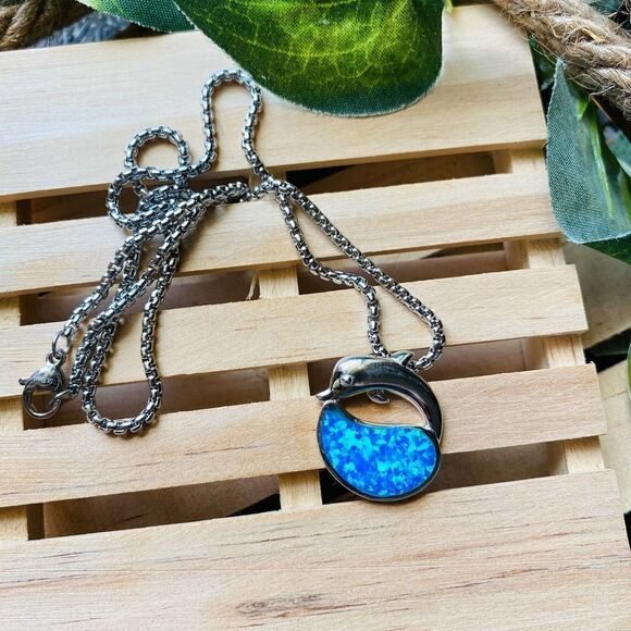 Dolphin Blue Opal Sterling Silver Pendant - Picture 2 of 4